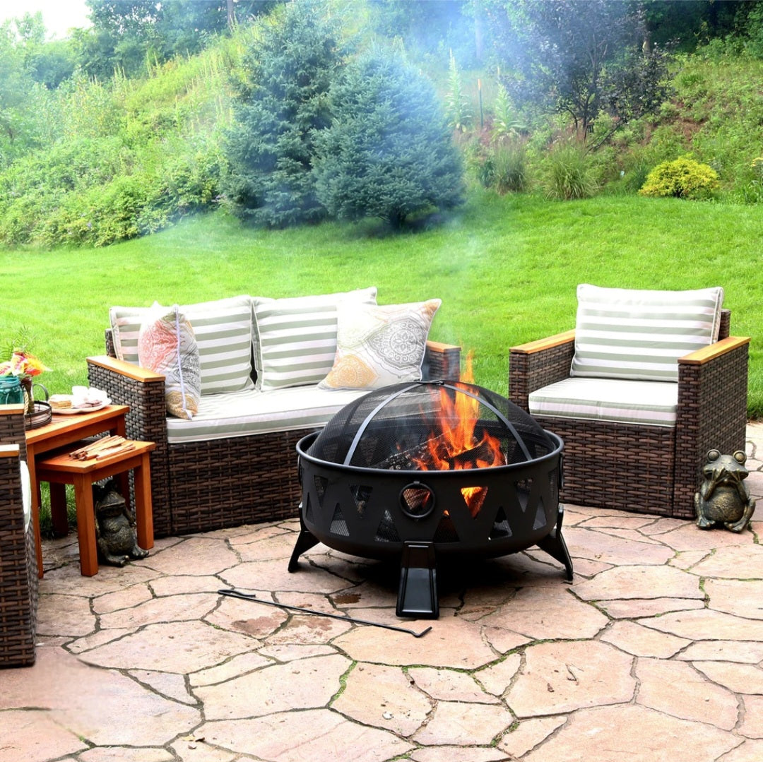Outdoor Fire Pit – 61CM Steel Bowl with Mesh Cover & Poker Handle