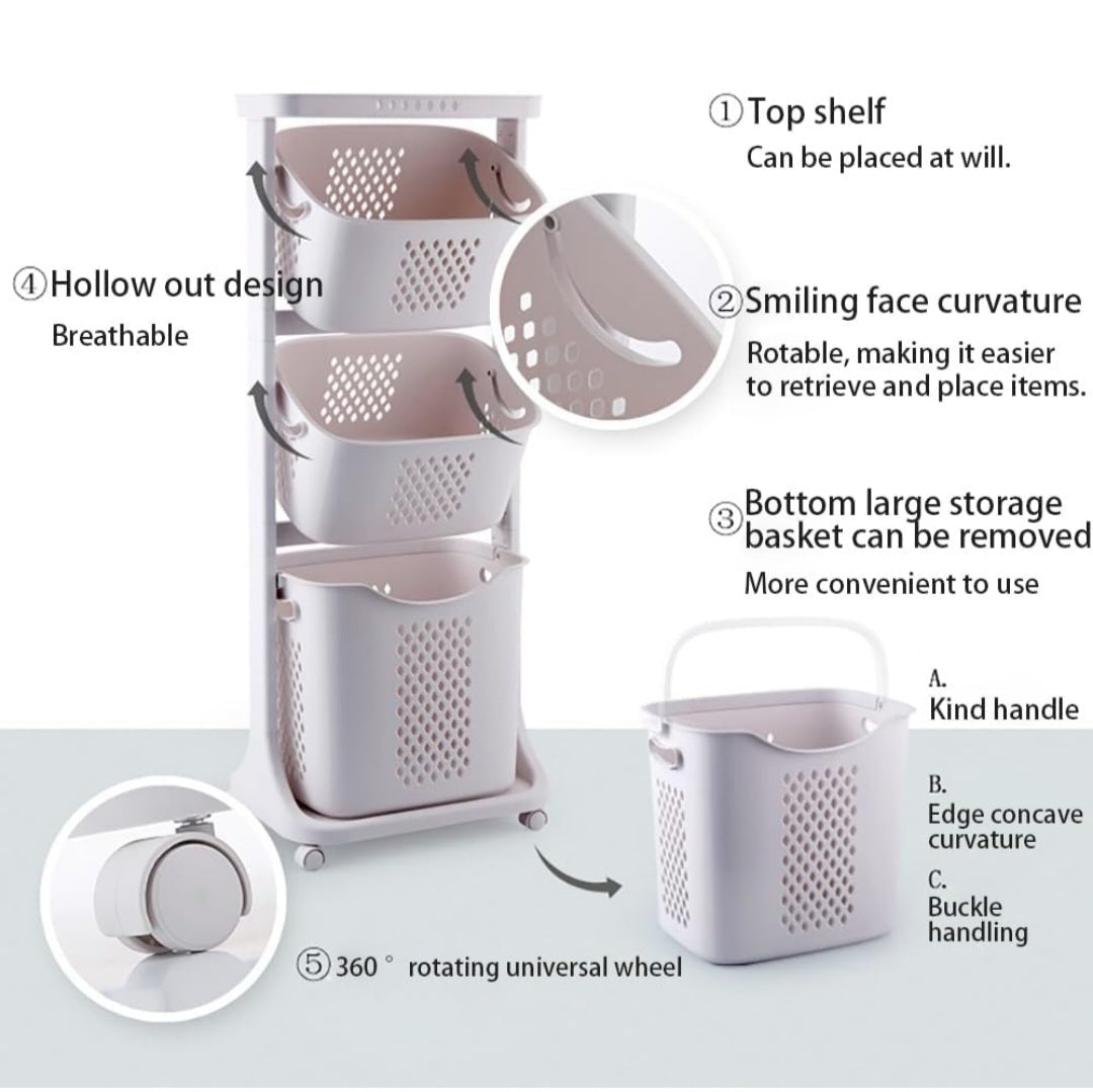 3-Layer Plastic Laundry Basket white colour with Wheels