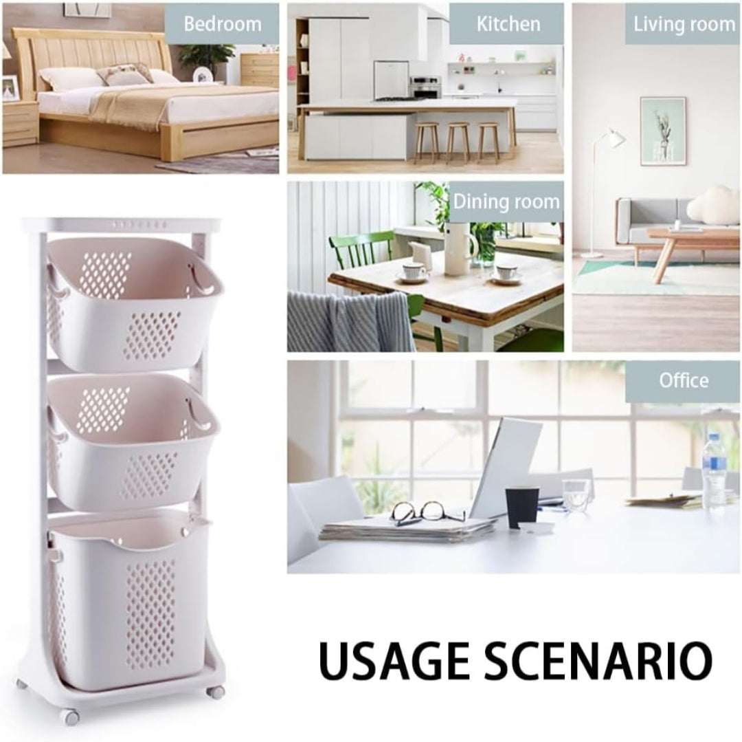 3-Layer Plastic Laundry Basket white colour with Wheels