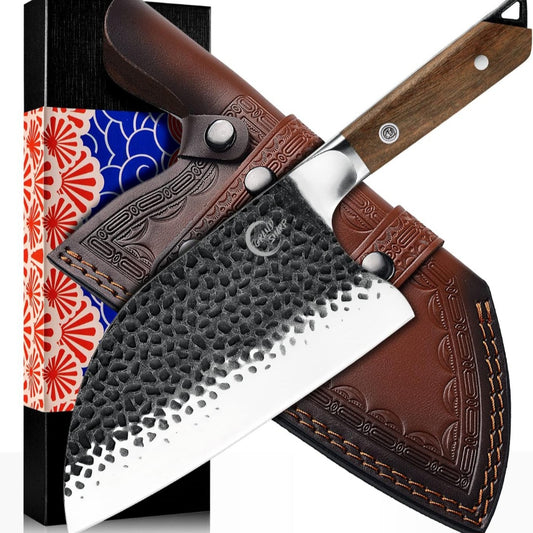 Hand-Forged 5Cr15MoV Carbon Steel Serbian Chef Knife with Leather Sheath