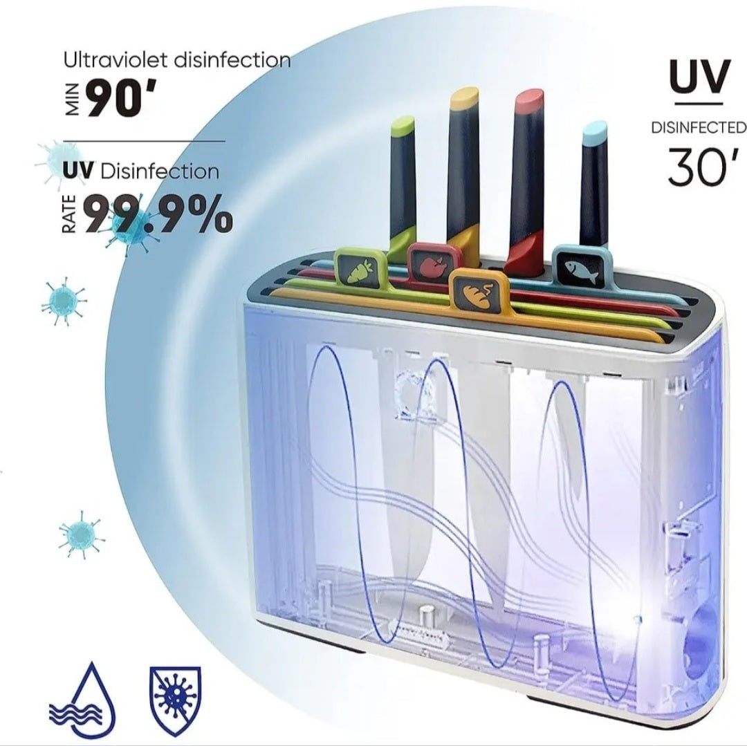 Smart Cutting Board & Knife Set
Set of 9 pieces. 
UV Sterilizer | Drying System | Board Organizer