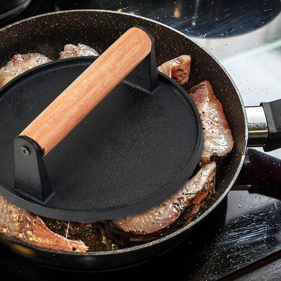 Heavy-Duty Cast Iron Steak & Burger Press with Wooden Handle