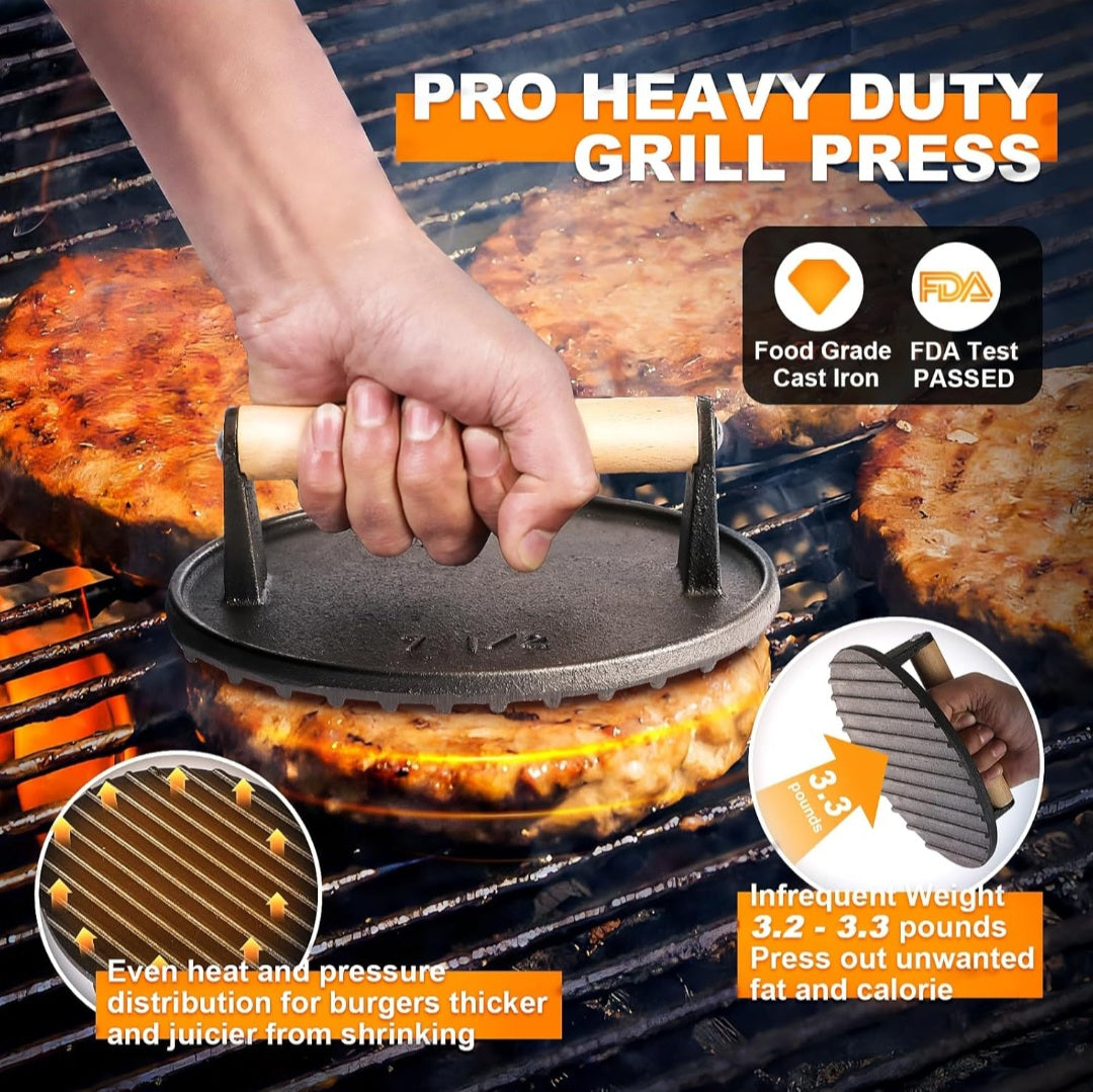Heavy-Duty Cast Iron Steak & Burger Press with Wooden Handle