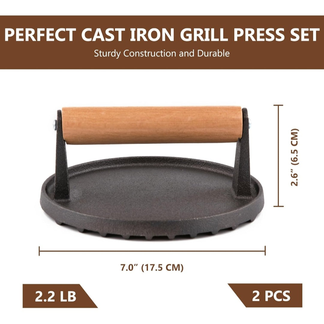 Heavy-Duty Cast Iron Steak & Burger Press with Wooden Handle
