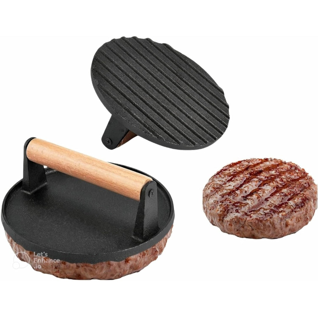 Heavy-Duty Cast Iron Steak & Burger Press with Wooden Handle