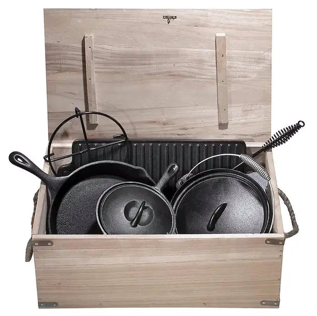 Premium Cast Iron Cookware Wooden Box Set – 7 Pieces