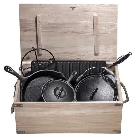 Premium Cast Iron Cookware Wooden Box Set – 7 Pieces