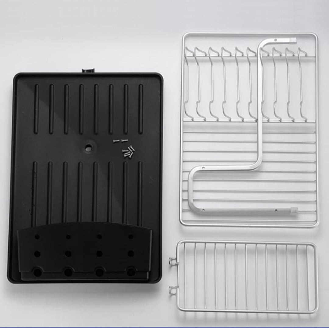 2-Tier Aluminum Dish Drying Rack with Drainboard – Utensil, Plate & Cup Holder