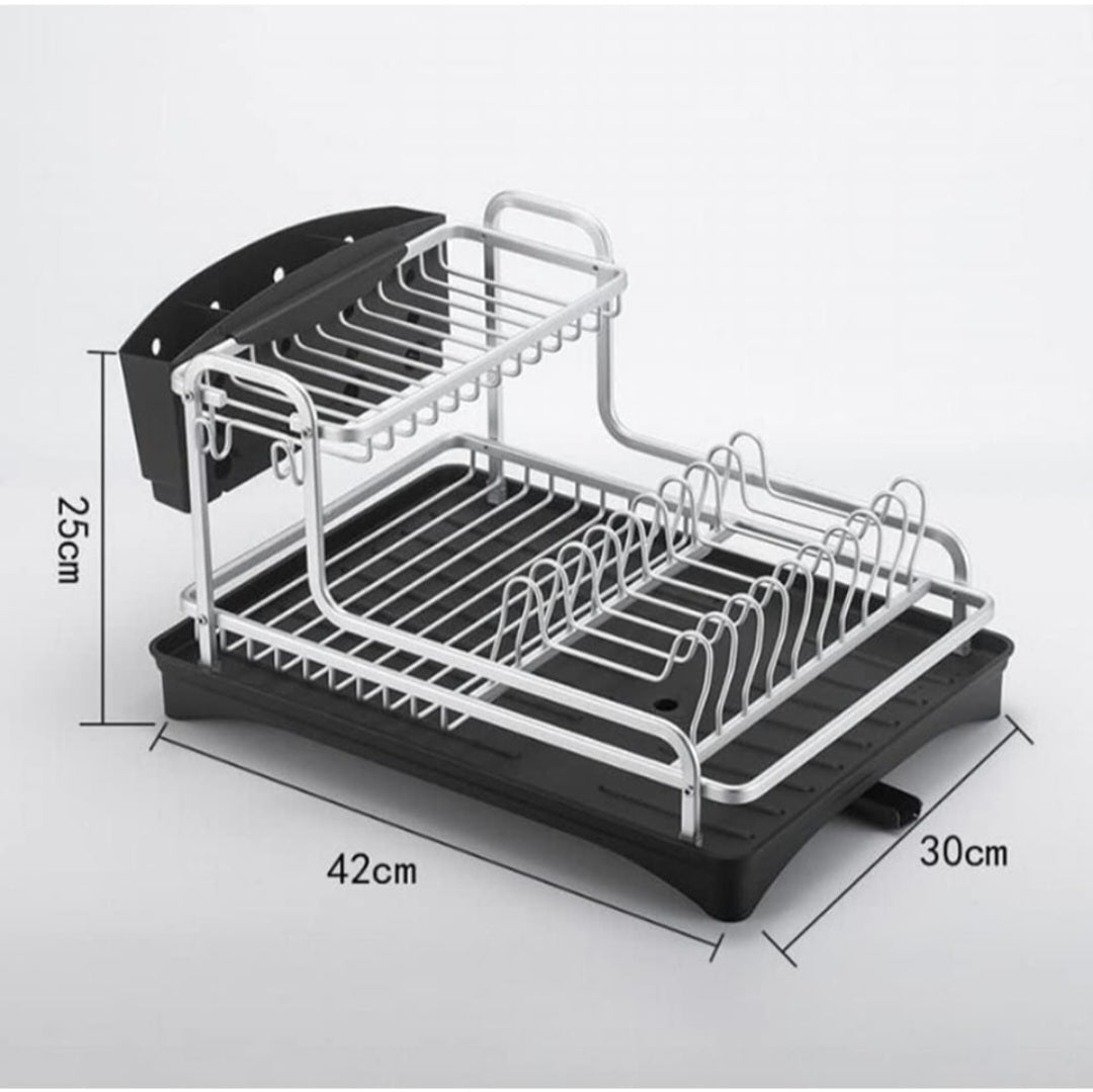 2-Tier Aluminum Dish Drying Rack with Drainboard – Utensil, Plate & Cup Holder