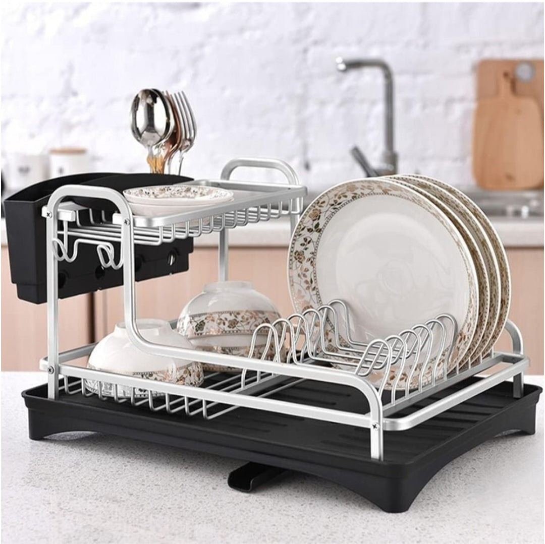 2-Tier Aluminum Dish Drying Rack with Drainboard – Utensil, Plate & Cup Holder