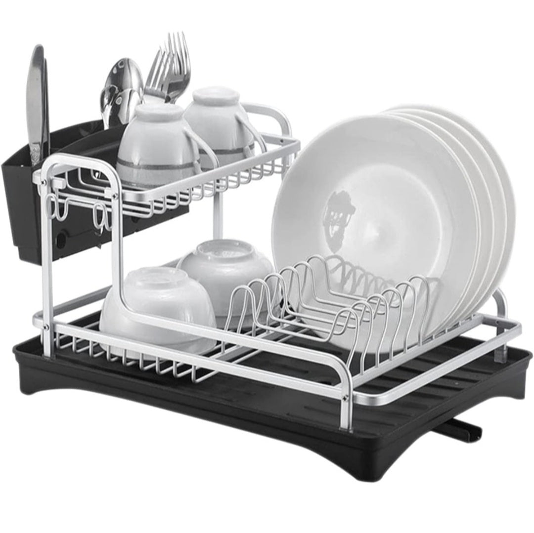 2-Tier Aluminum Dish Drying Rack with Drainboard – Utensil, Plate & Cup Holder