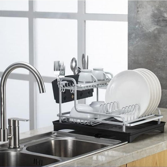 2-Tier Aluminum Dish Drying Rack with Drainboard – Utensil, Plate & Cup Holder