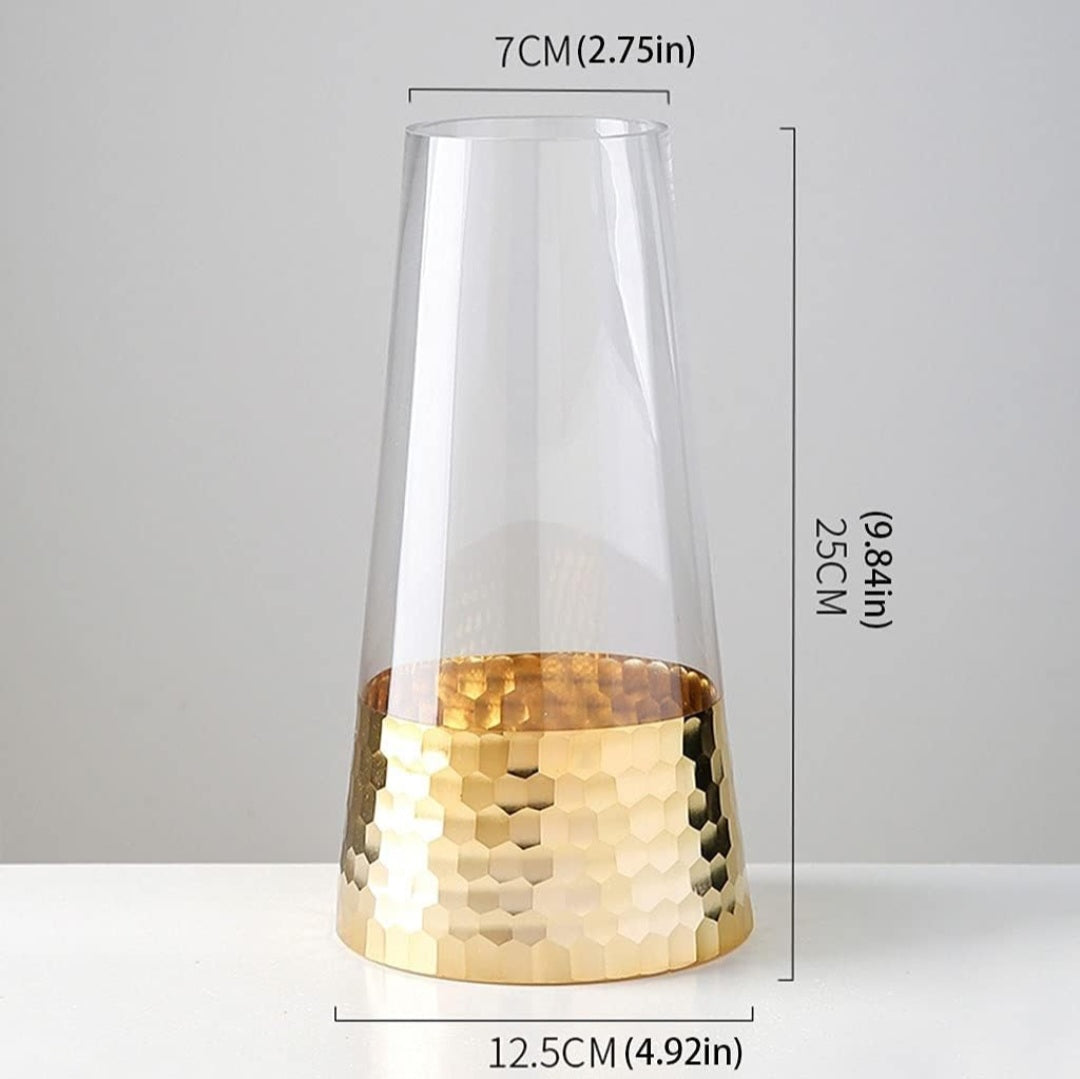 "Luxury Glass Vase with Hammered Golden Copper Base – Elegant Home Décor"