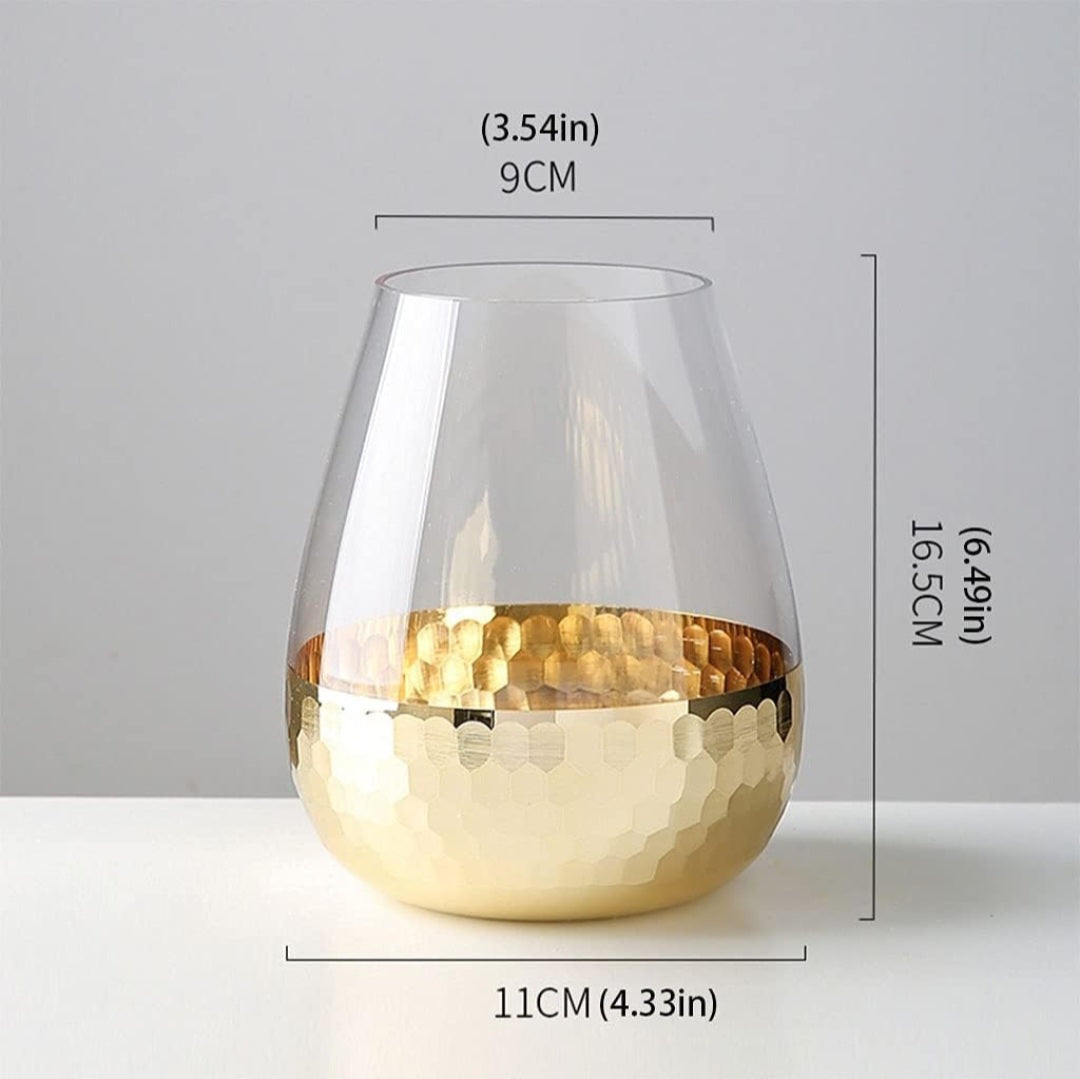 "Luxury Glass Vase with Hammered Golden Copper Base – Elegant Home Décor"
