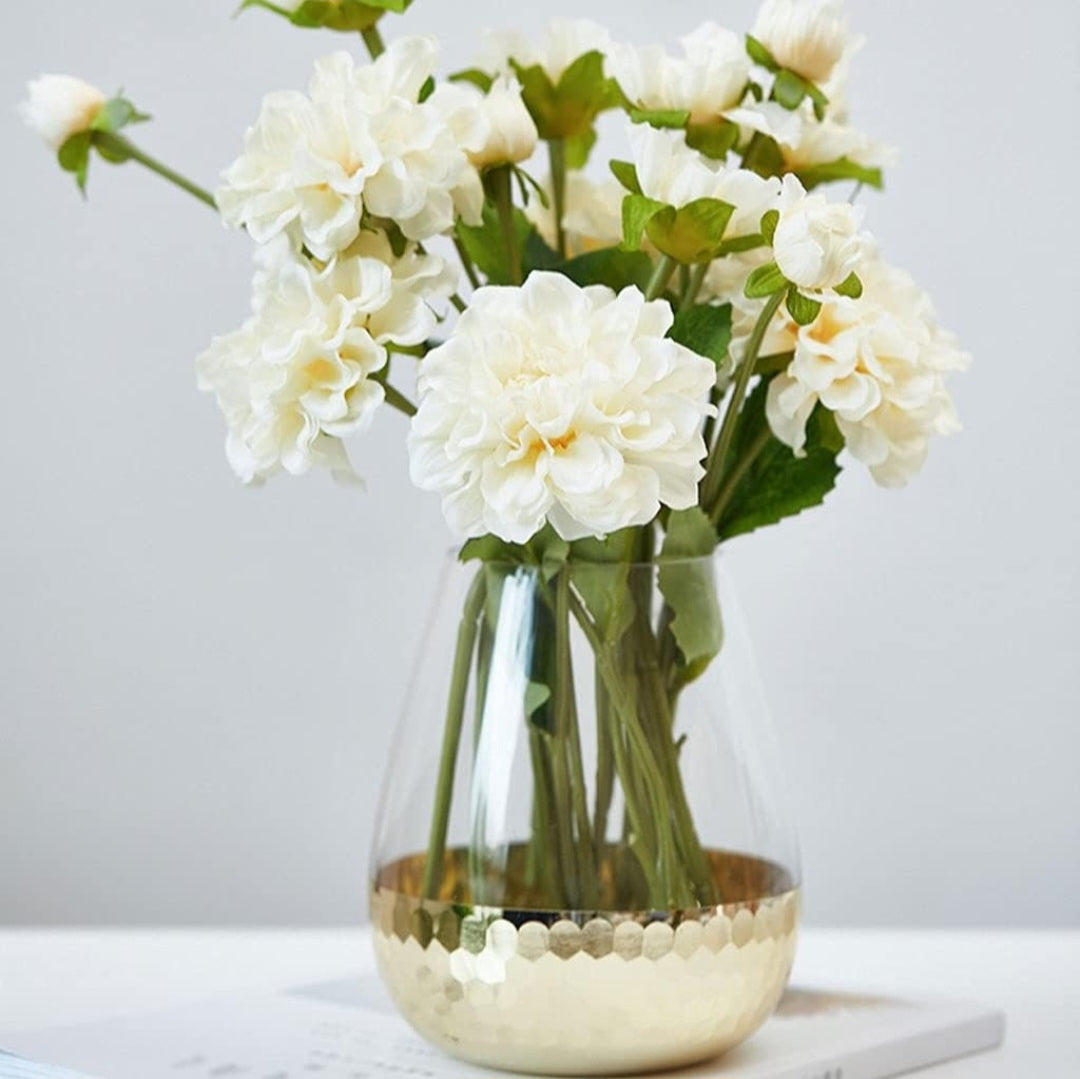 "Luxury Glass Vase with Hammered Golden Copper Base – Elegant Home Décor"