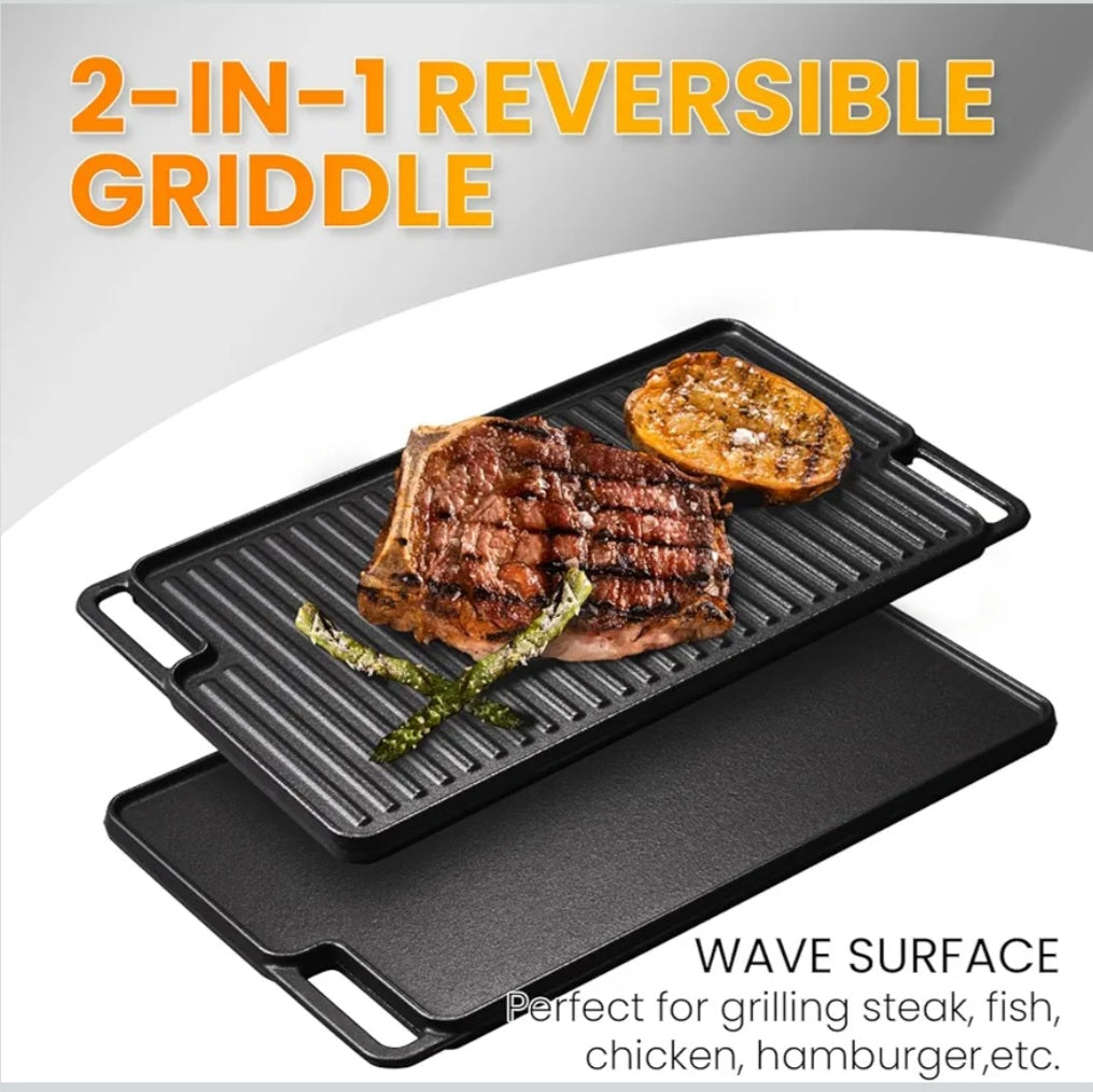 TOPWISH 2-in-1 Reversible Grill Pan – Cast Iron Griddle for Gas & Induction Hobs