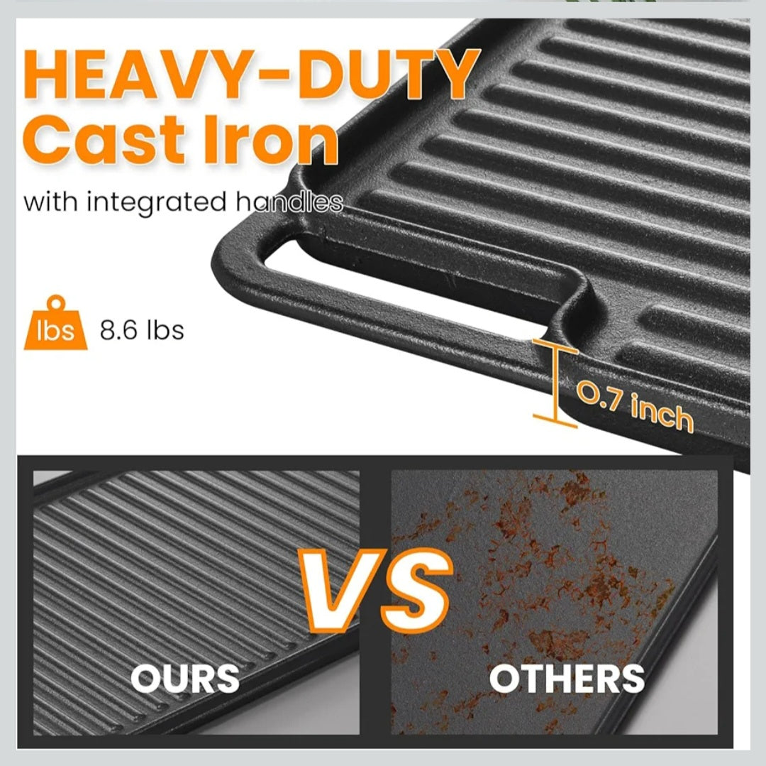 TOPWISH 2-in-1 Reversible Grill Pan – Cast Iron Griddle for Gas & Induction Hobs