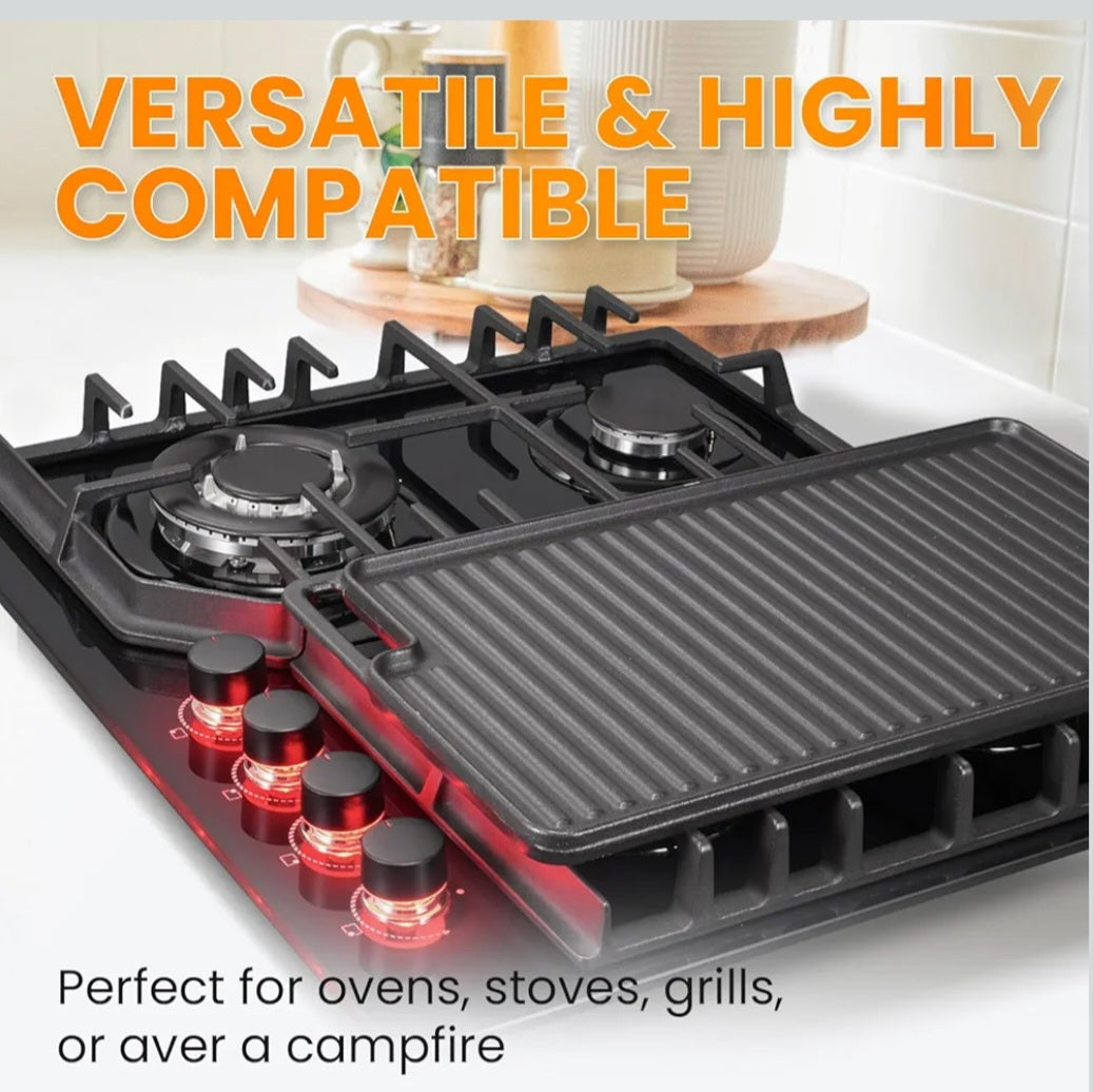 TOPWISH 2-in-1 Reversible Grill Pan – Cast Iron Griddle for Gas & Induction Hobs