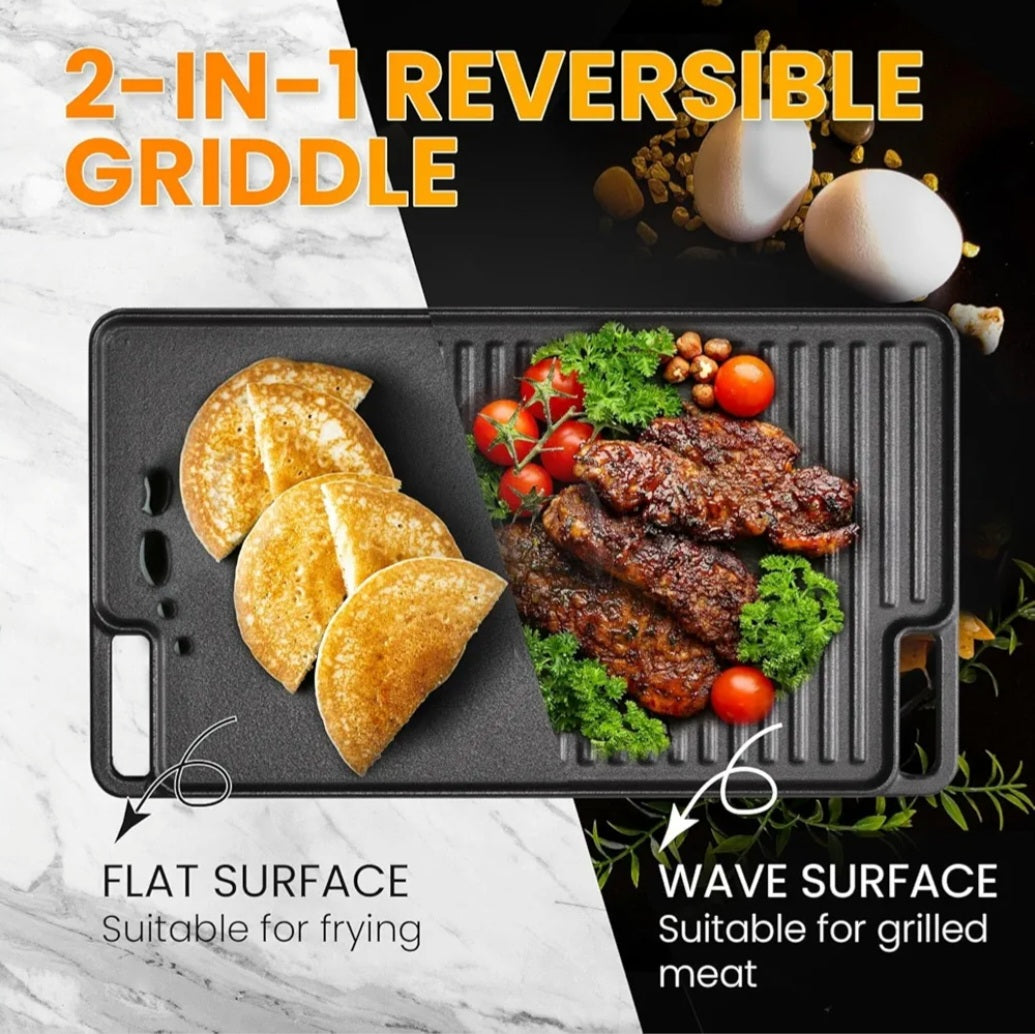 TOPWISH 2-in-1 Reversible Grill Pan – Cast Iron Griddle for Gas & Induction Hobs