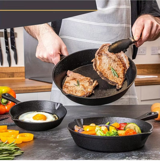 Premium Cast Iron Frying Pan – Set of 3 Pieces Non-Stick Skillets for Induction & All Cooktops