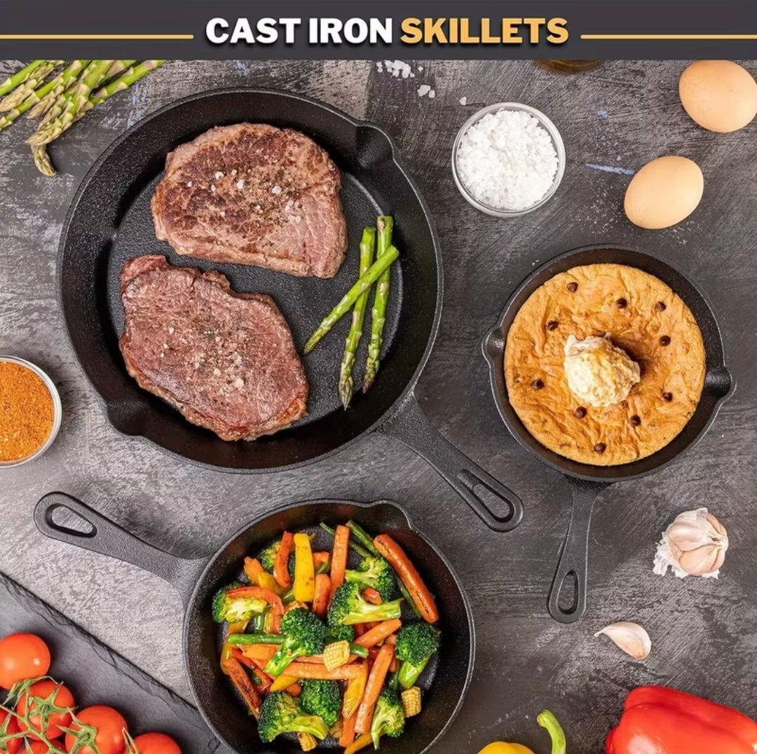 Premium Cast Iron Frying Pan – Set of 3 Pieces Non-Stick Skillets for Induction & All Cooktops