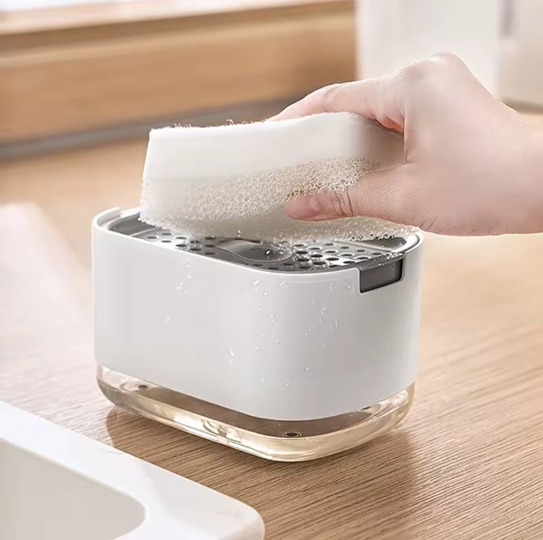 2-in-1 soap dispenser and sponge holder designed to make dishwashing faster