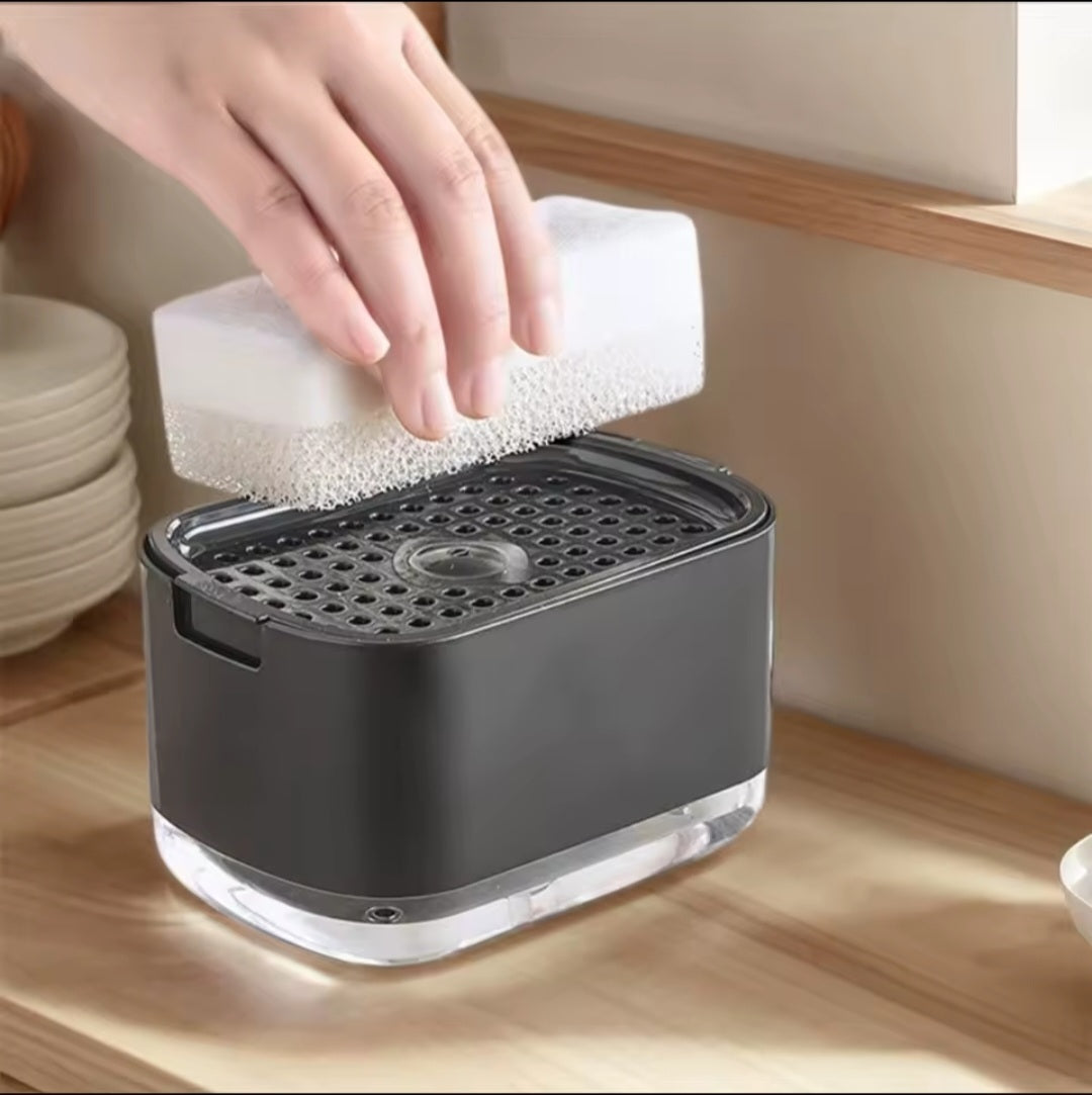 2-in-1 soap dispenser and sponge holder designed to make dishwashing faster