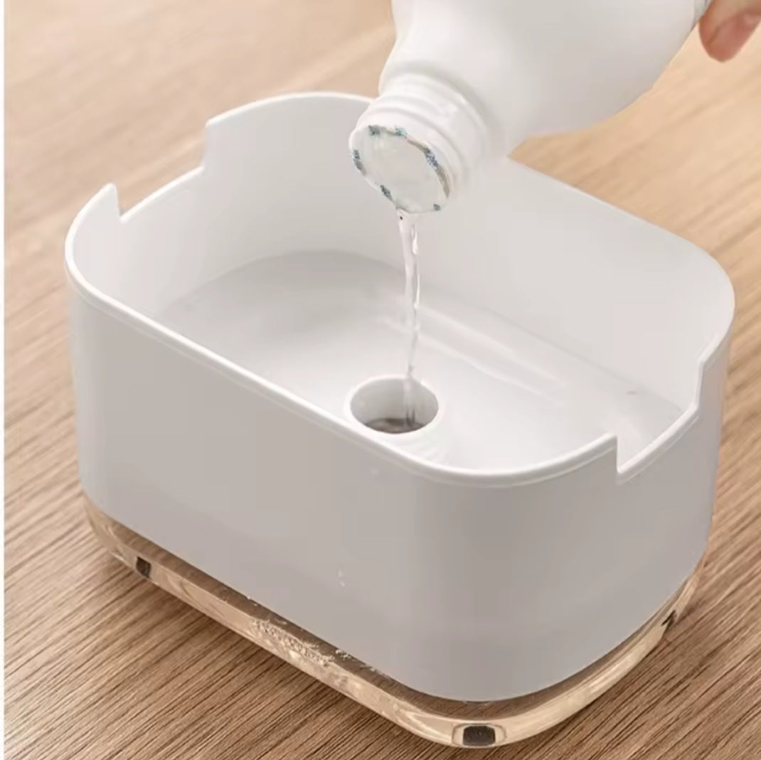 2-in-1 soap dispenser and sponge holder designed to make dishwashing faster
