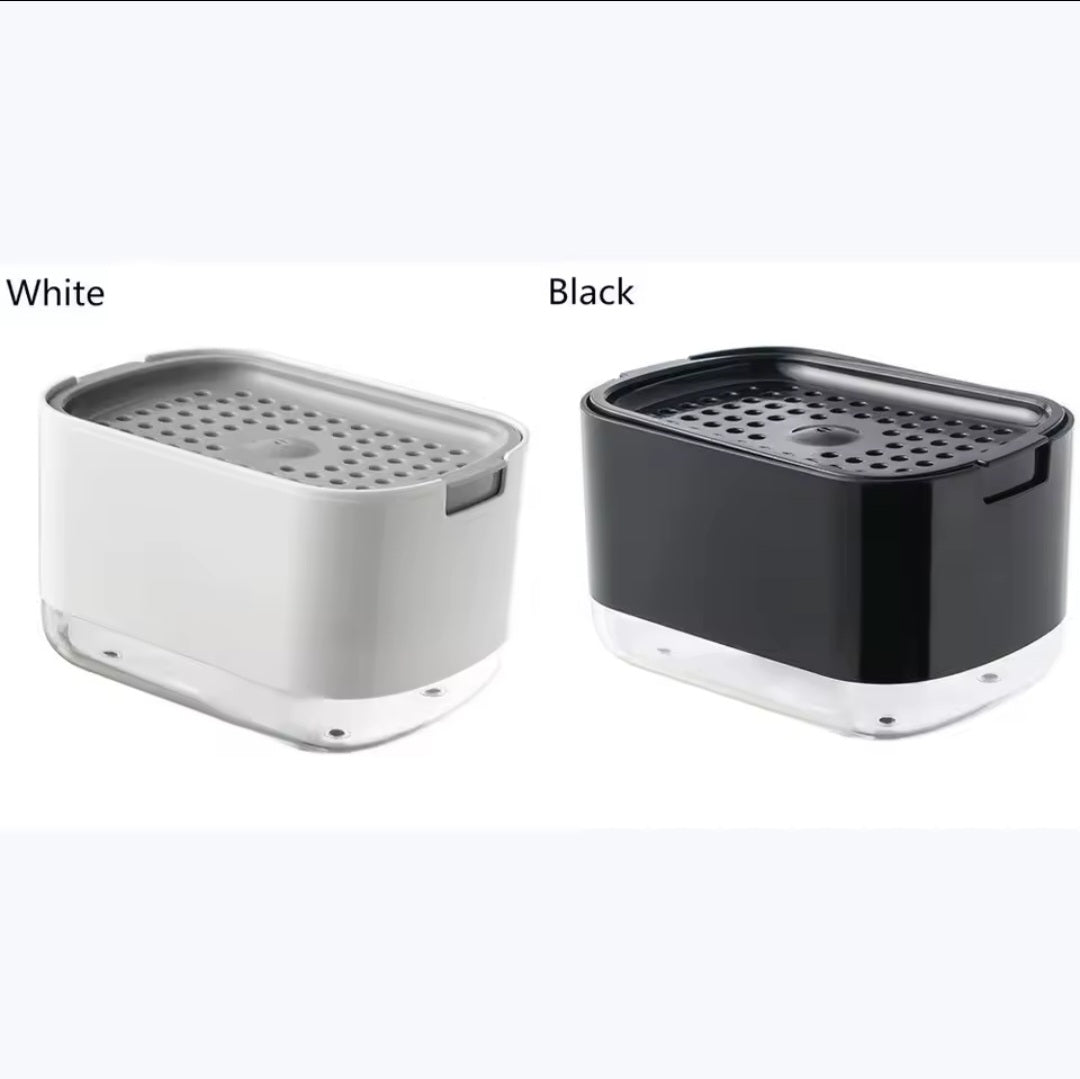 2-in-1 soap dispenser and sponge holder designed to make dishwashing faster