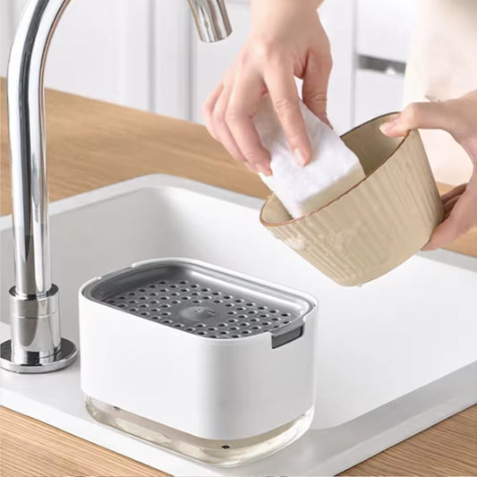 2-in-1 soap dispenser and sponge holder designed to make dishwashing faster