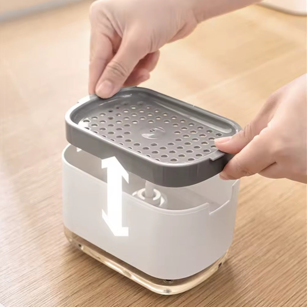 2-in-1 soap dispenser and sponge holder designed to make dishwashing faster