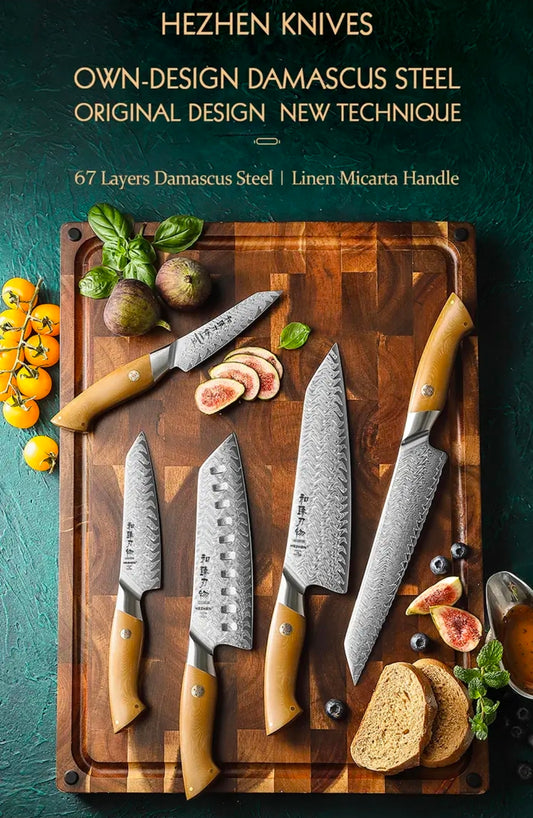 HEZHEN 5-Piece 67 layers Damascus steel 10Cr15CoMoV steel Chef Knife Set with Linen Micarta Handles