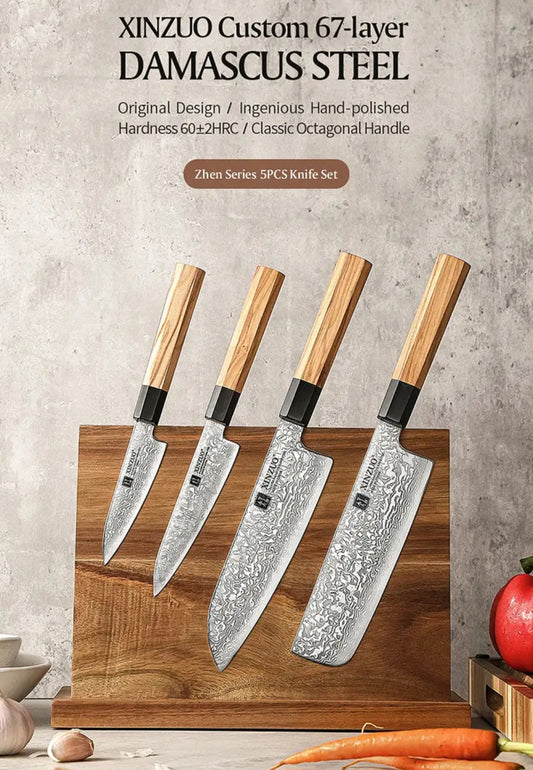 XINZUO Damascus Steel Chef Knife Set - Octagonal Olive Wood Handle & Magnetic Block