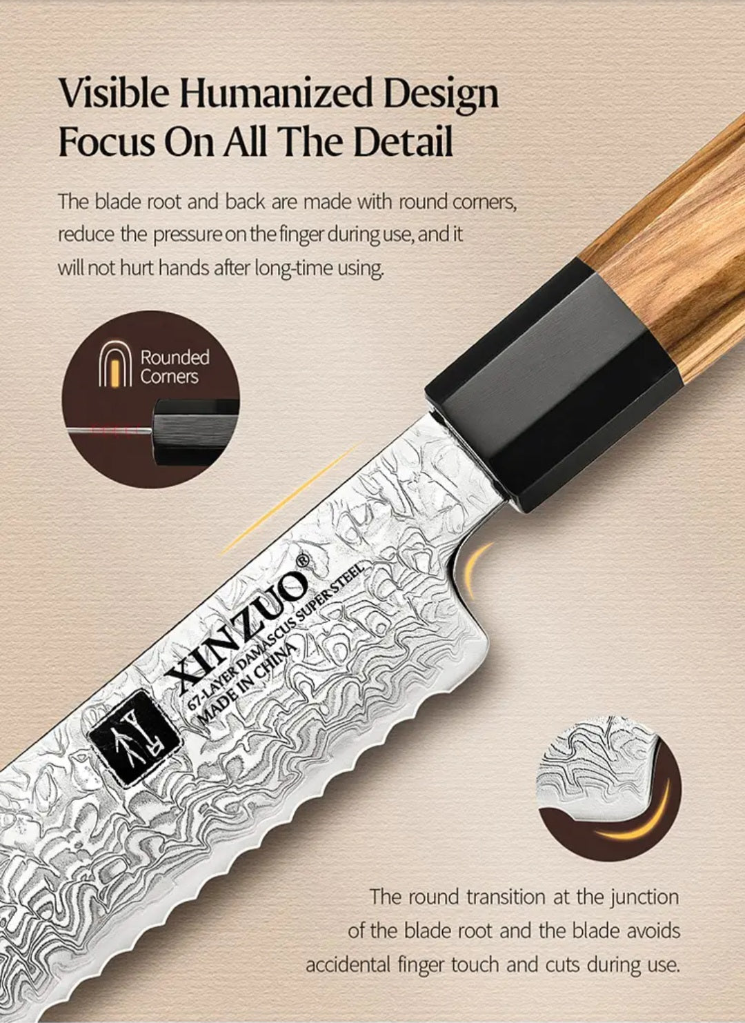 XINZUO Damascus Steel Chef Knife Set - Octagonal Olive Wood Handle & Magnetic Block