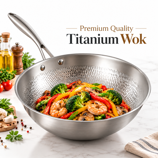 PFAS-Free Hammered Titanium Wok with Lid – Professional Stir Fry Pan