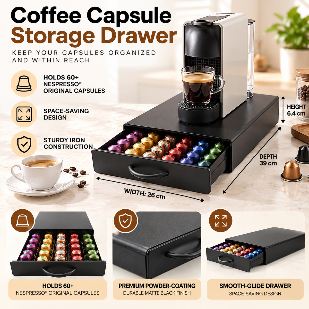 Coffee Capsule Storage Drawer – Sleek Sliding Tray Pod Holder for Nespresso-Compatible Espresso Machines