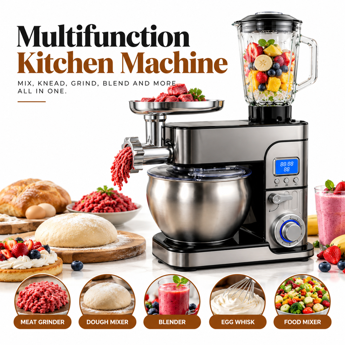 Stand Mixer Ultimate 3-in-1 Multifunctional Stainless Steel