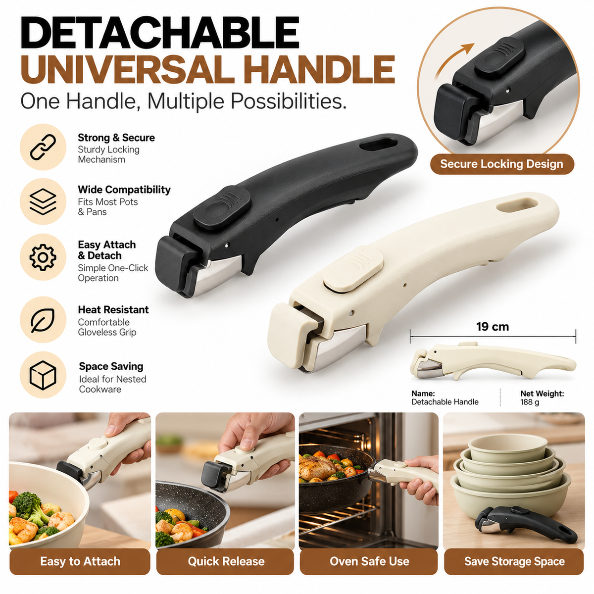 Pan Handle Universal Detachable Pot & Heat-Resistant Removable Grip for Cookware