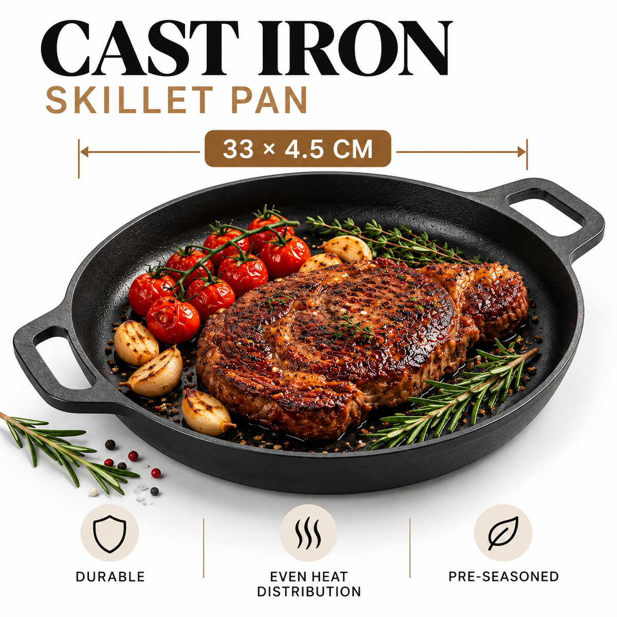Cast Iron Skillet – 33 x 4.5 CM Artisan Pre-Seasoned Frying Pan with Dual Loop Handles for Searing, Baking, and Induction Cooktops