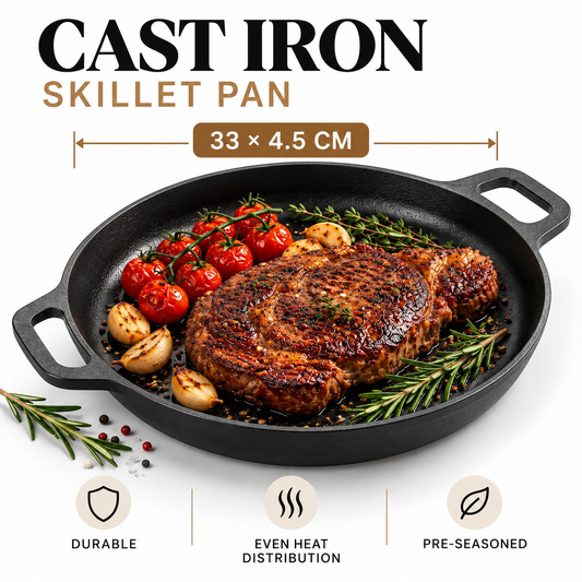 Cast Iron Skillet – 33 x 4.5 CM Artisan Pre-Seasoned Frying Pan with Dual Loop Handles for Searing, Baking, and Induction Cooktops