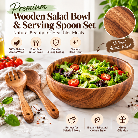 Wooden Bowl Set – Handcrafted Acacia Wood Serving Bowls for Salads, Fruits, & Snacks (Food-Safe & Stackable)