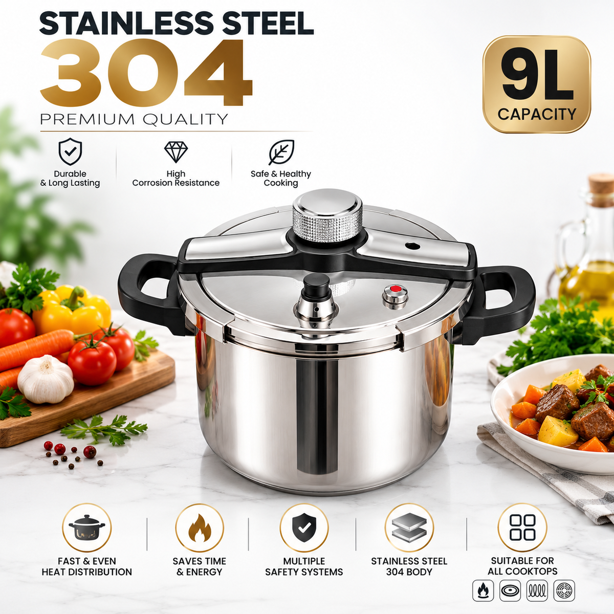 Pressure Cooker  8L & 9L |Stainless Steel Premium Quality, Durable Cookware