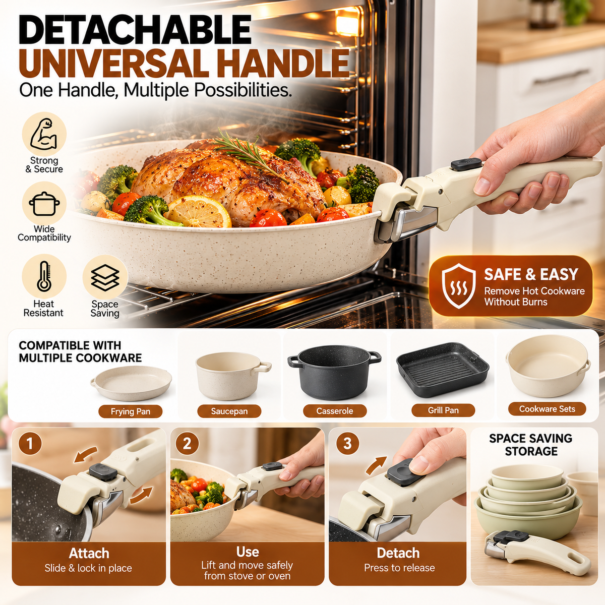Pan Handle Universal Detachable Pot & Heat-Resistant Removable Grip for Cookware