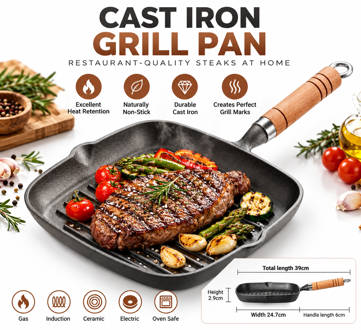 Premium Cast Iron Grill Pan with Wooden Handle (24.7cm)