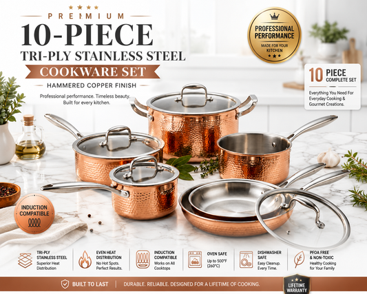 Premium 10-Piece Tri-Ply Stainless Steel Cookware Set – Hammered Copper Exterior