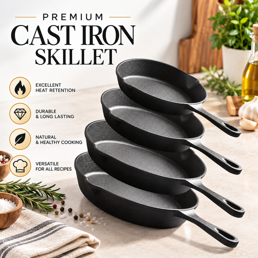 Premium Cast Iron Frying Pan – Non-Stick Skillet for Induction & All Cooktops (16/20/26/30cm)