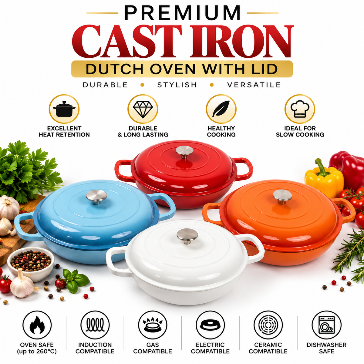 Enameled Cast Iron Dutch Oven Casserole with Lid