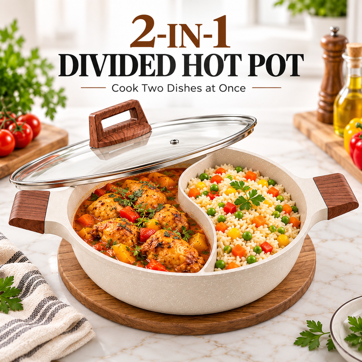 Hot Pot with Divider – 32CM Non-Stick Dual-Flavor Shabu Shabu Cookware with Lid for Induction and Gas Stoves