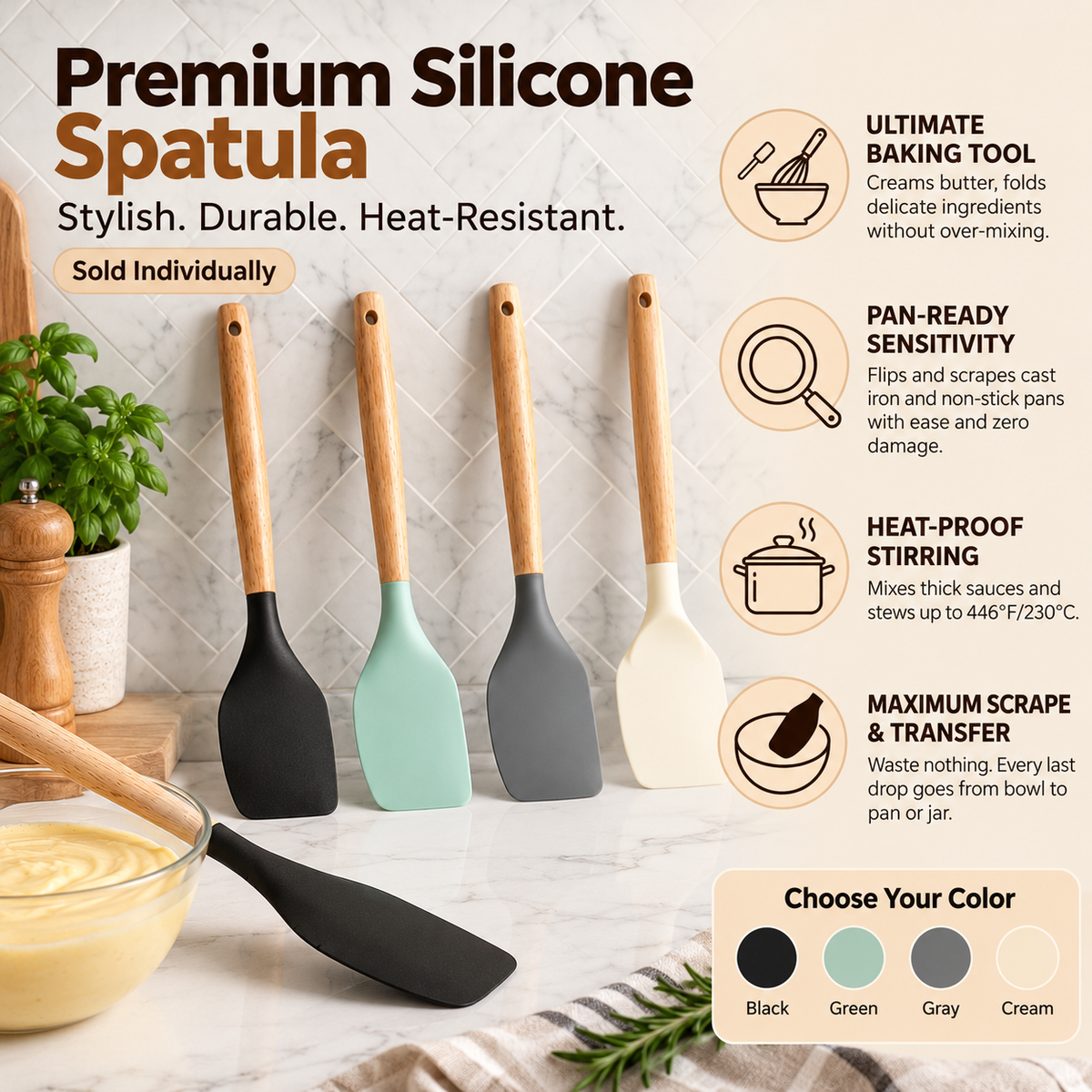 Silicone Spatula with Natural Wooden Handle – High Quality Kitchen Tool