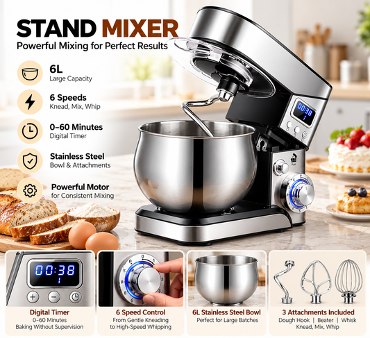 Stand Mixer – 6L Digital LCD Stainless Steel Household Dough Mixer with 6-Speed Automatic Kneading and Low Noise